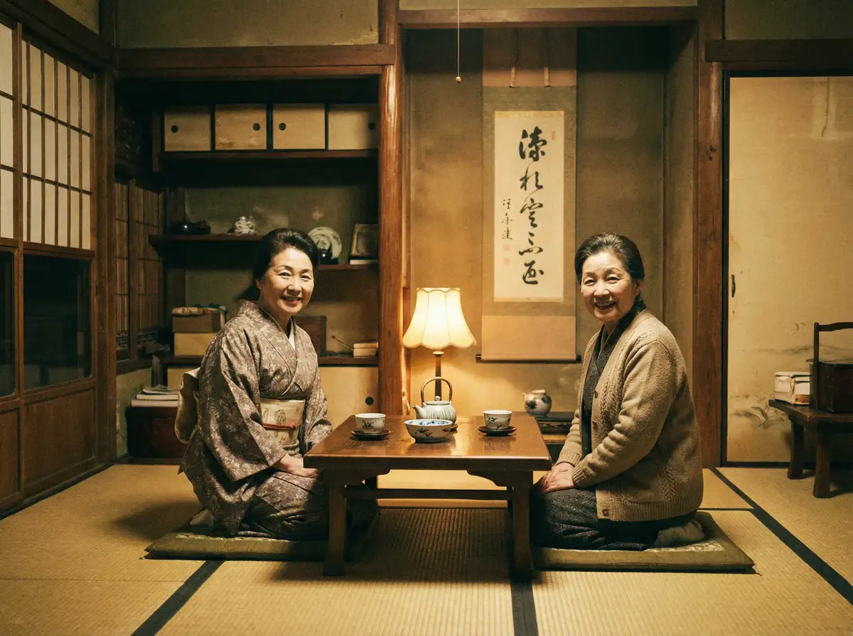 两位优雅的 每 日 大 赛 +mrds 在日式茶室中品茶交谈